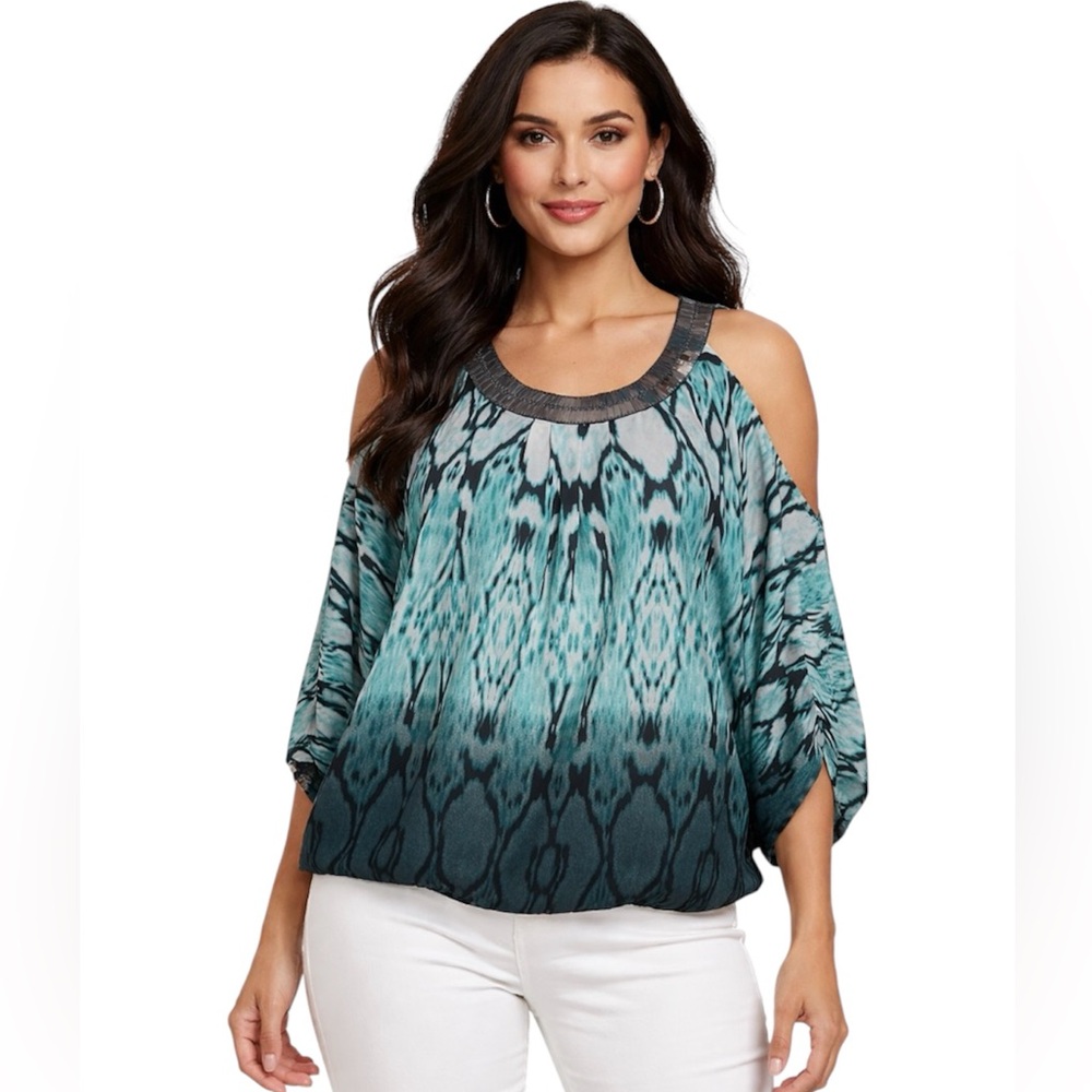 Bebe Open Shoulder Blouse Sequined Collar Size XS